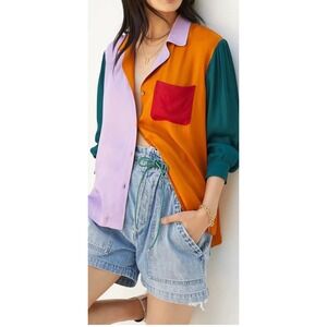 Farm Rio for Anthropologie Puffed Sleeve Button Down Colorblock Top Large NWT